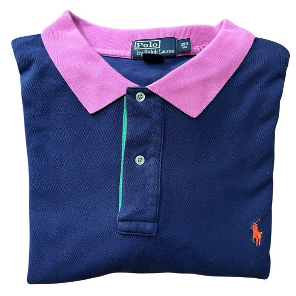 Vintage Polo Ralph Lauren 3XB Blue Polo Pink Collar Green Placket Sleeve Trim - Picture 4 of 8